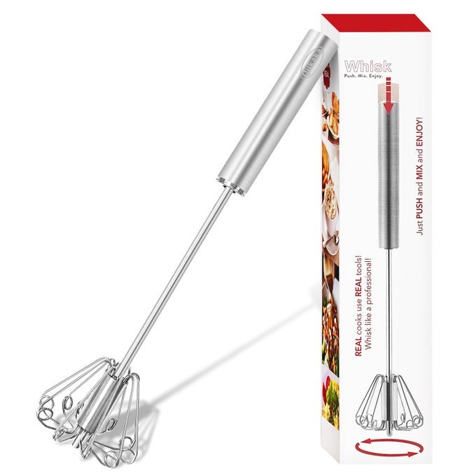 HAND MIXER EGG BEATERSTAINLESS STEEL SEMI AUTOMATIC WHISKEGG SPINNERWISKING TOOLWHIPPED CREAM DISPENSEREASY WHISKS FOR COOKINGBEATINGSTIRRING12IN