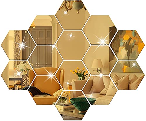 WallDaddy Super Hexagonal Wall Decor (14PCS) Golden Acrylic Mirror for Wall Stickers for Bedroom | Mirror Stickers for Wall Big Size (10.5x12.1) Cm Sticker Decoration, Unframed - Image 1