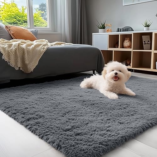 OLANLY 3x5 Machine Washable Small Bedside Rug, Soft Fluffy Shaggy Rugs for Living Room, Bedroom, Indoor Floor Carpet for Kids Girls and Boys, Preppy Dorms, Nursery, Home Decor Aesthetic, Grey - Image 1