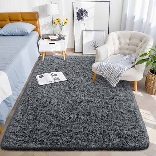 OLANLY 3x5 Machine Washable Small Bedside Rug, Soft Fluffy Shaggy Rugs for Living Room, Bedroom, Indoor Floor Carpet for Kids Girls and Boys, Preppy Dorms, Nursery, Home Decor Aesthetic, Grey - Image 2