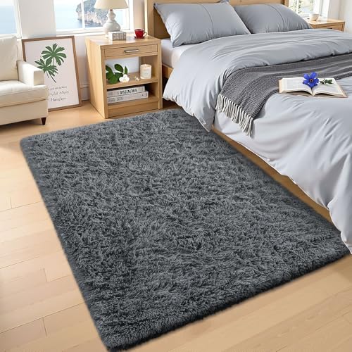 OLANLY 3x5 Machine Washable Small Bedside Rug, Soft Fluffy Shaggy Rugs for Living Room, Bedroom, Indoor Floor Carpet for Kids Girls and Boys, Preppy Dorms, Nursery, Home Decor Aesthetic, Grey - Image 4