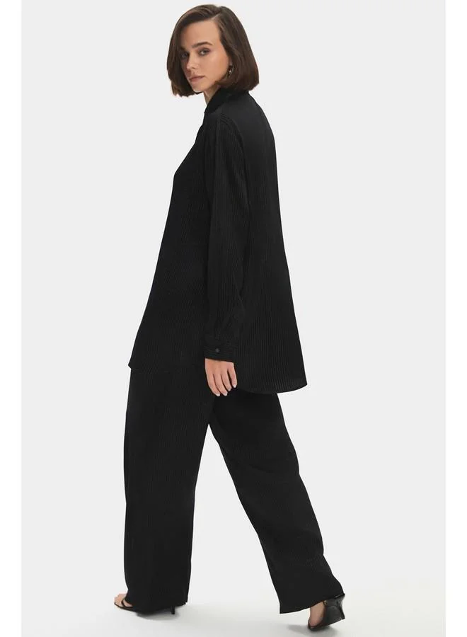 JUNE June Women Viscose Blend Self-Patterned Shirt Trouser Set Black