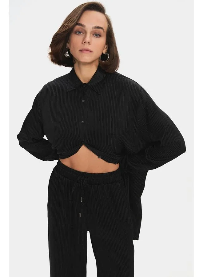 JUNE June Women Viscose Blend Self-Patterned Shirt Trouser Set Black