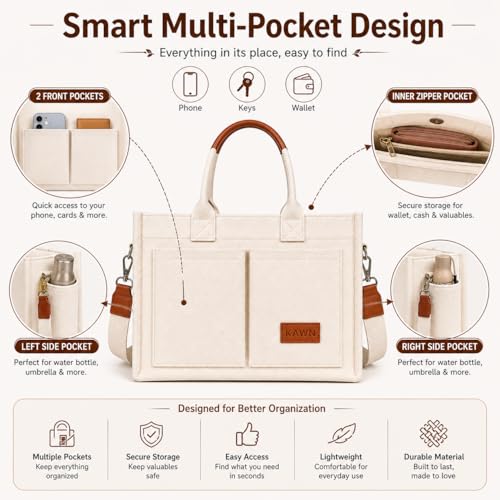 Kawn® Large Canvas Tote Bag for Women hobo Shoulder Bag with Zipper Multi-Pocket Satchel bag Crossbody Bag with Detachable Strap Everything Everyday Handbags for Office, College and Travel (Beige) - Image 3