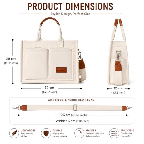 Kawn® Large Canvas Tote Bag for Women hobo Shoulder Bag with Zipper Multi-Pocket Satchel bag Crossbody Bag with Detachable Strap Everything Everyday Handbags for Office, College and Travel (Beige) - Image 4