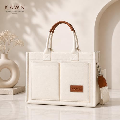 Kawn® Large Canvas Tote Bag for Women hobo Shoulder Bag with Zipper Multi-Pocket Satchel bag Crossbody Bag with Detachable Strap Everything Everyday Handbags for Office, College and Travel (Beige) - Image 2