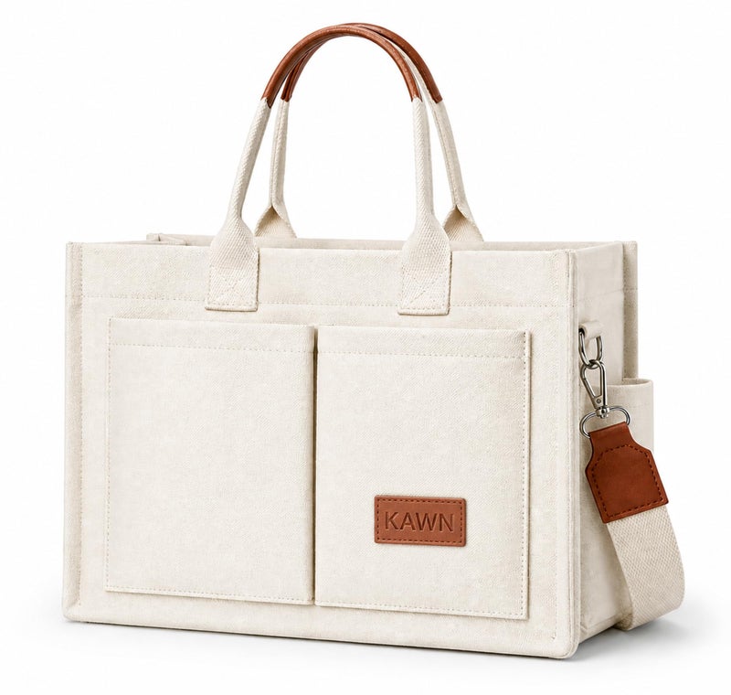 Kawn® Large Canvas Tote Bag for Women hobo Shoulder Bag with Zipper Multi-Pocket Satchel bag Crossbody Bag with Detachable Strap Everything Everyday Handbags for Office, College and Travel (Beige) - Image 1