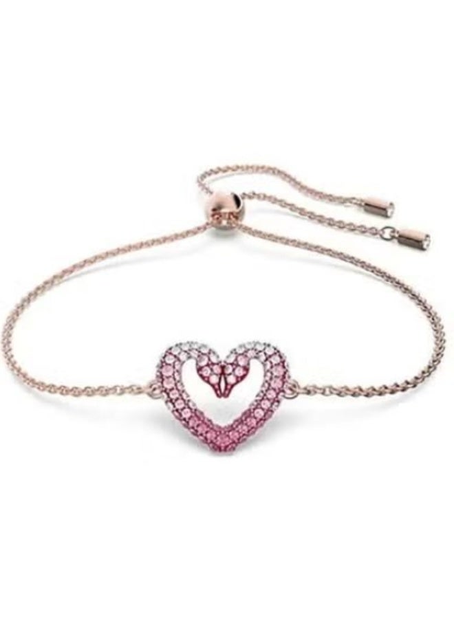 Swan Rose Gold-Tone Pink CZ Double Heart Adjustable Slider Bracelet