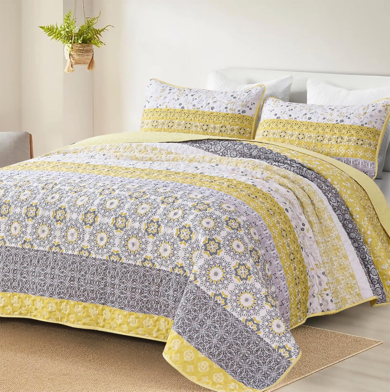 طقم لحاف وونغز بيدينغ بوهو كوين أصفر مزخرف بخطوط مع غطاء سرير مع 2 غطاء وسادة