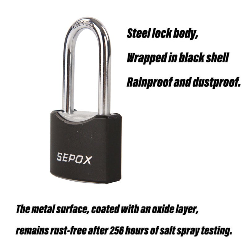 SEPOXÂ® 1-9/16" All-Weather Outdoor Padlocks Keyed Alike, 1-3/4" Long Shackle, Solid Steel Lock, Heavy-Duty with Black Cover, Design for Gate Fence Cabinet Toolbox School Gym Locker with 2pcs Same Key - Image 2