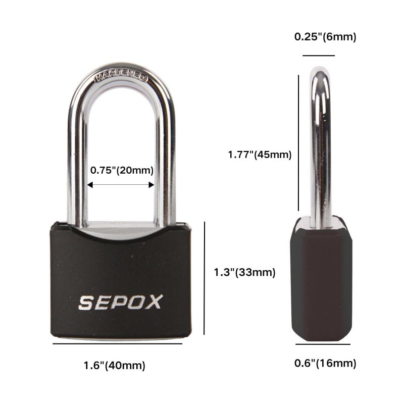 SEPOXÂ® 1-9/16" All-Weather Outdoor Padlocks Keyed Alike, 1-3/4" Long Shackle, Solid Steel Lock, Heavy-Duty with Black Cover, Design for Gate Fence Cabinet Toolbox School Gym Locker with 2pcs Same Key - Image 4