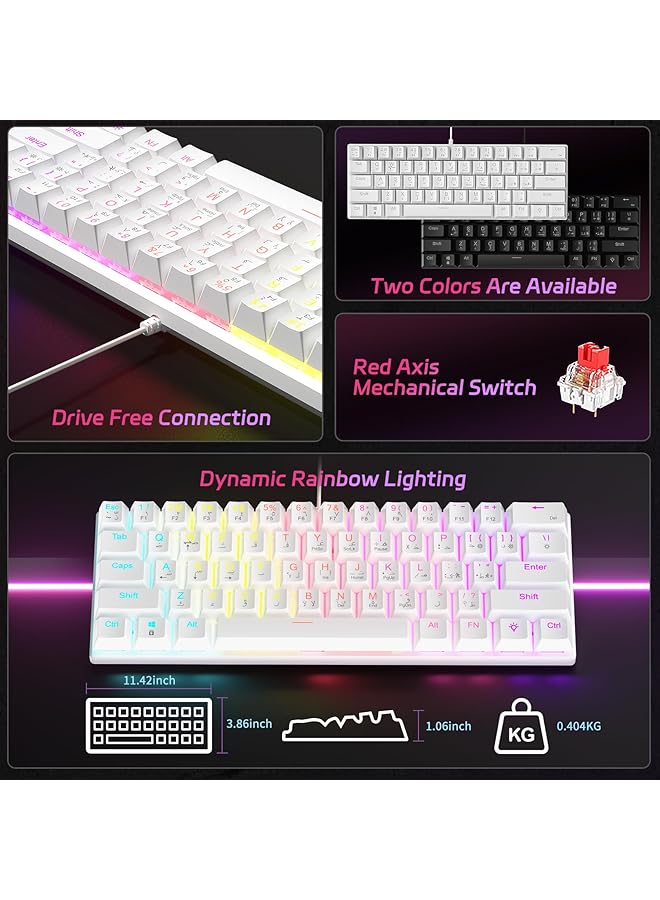 61 Key Mechanical Keyboard Red Axis Hybrid Light Compact Mini Wired Keyboard Supports English And Arabic Bilingual Input For Pc Mac E Sports Portable White - Image 4