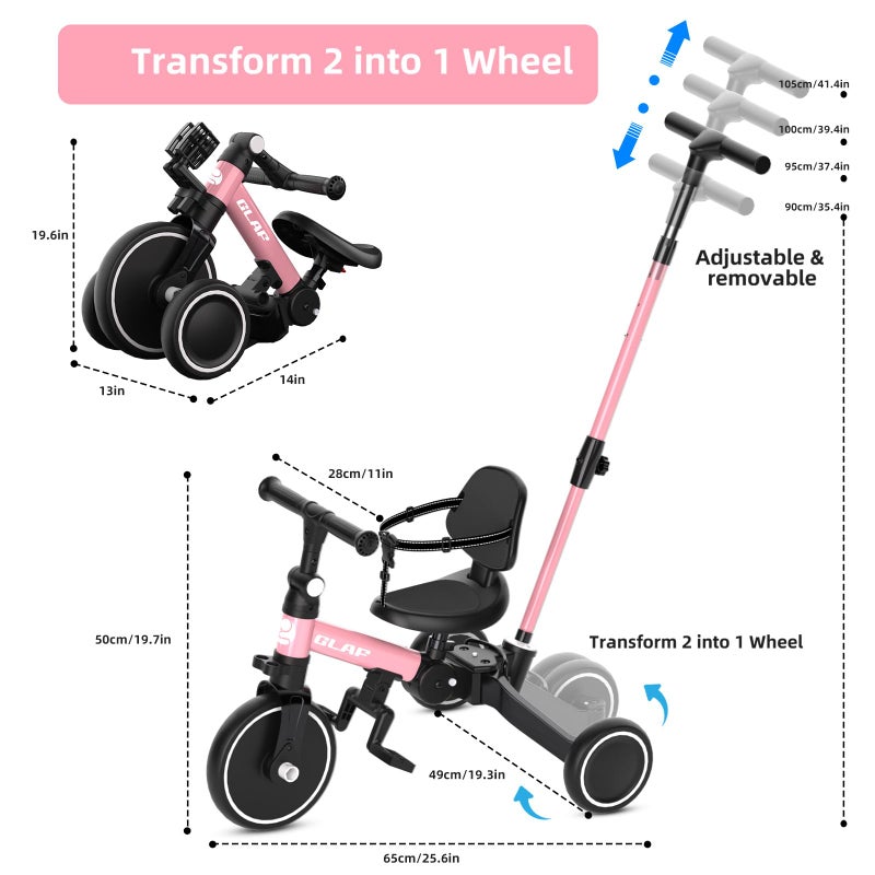Glaf Tricycle for Toddlers 1-3 Toddler Bike with Push Handle 2-4 Years Baby Bike Toys for 2 Years Boys and Girls Balance Bike with Adjustable Seat Height and Backrest Birthday Gift (Pink - Image 3
