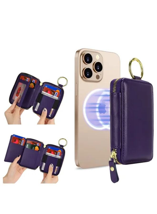 Deep Purple RFID Blocking Faux Leather Continental Wallet With Magnetic Closure Zip Pocket Keychain For iPhone 16 15 14 13 12 Series - Image 4