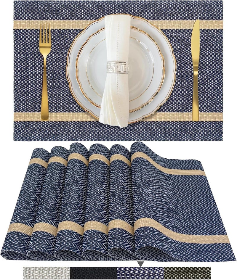 Crasts Placemats Set of 6 Dining Table Place Mats Placemats Table Mat PVC Material NonSlip Heat Resistant Dining Tablemates Washable AntiSkid Size 45 x 30cm Blue Gold Arrow Pattern - Image 1
