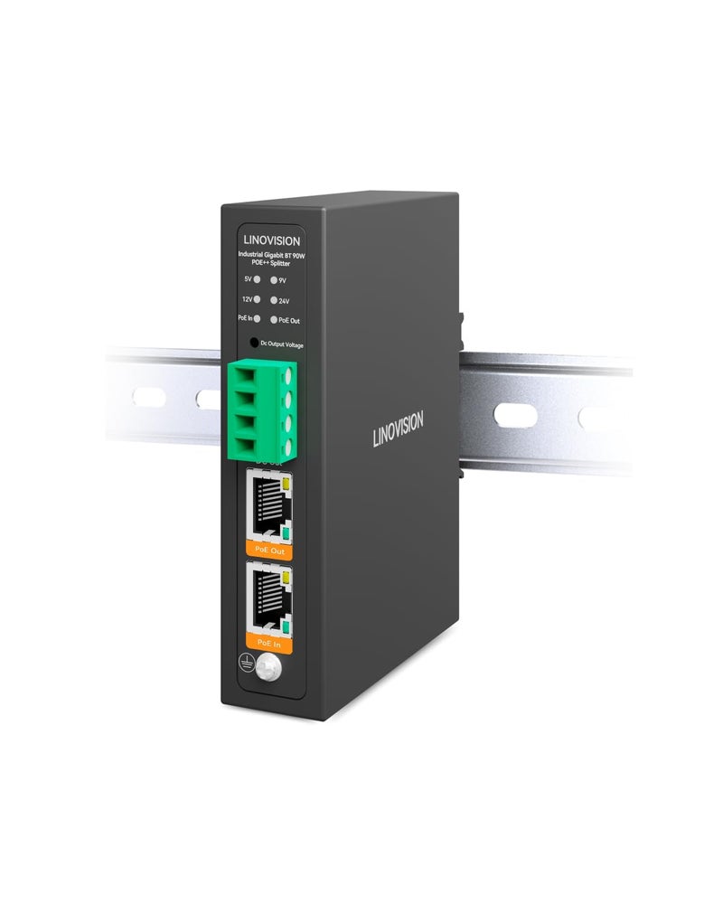 Linovision Industrial Gigabit 90W POE++ Splitter with IEEE802.3bt PoE and DC 5/9/12/24V Output, Din Rail Mounting, Power Supply for PTZ Cameras, Access Control Systems - Image 1