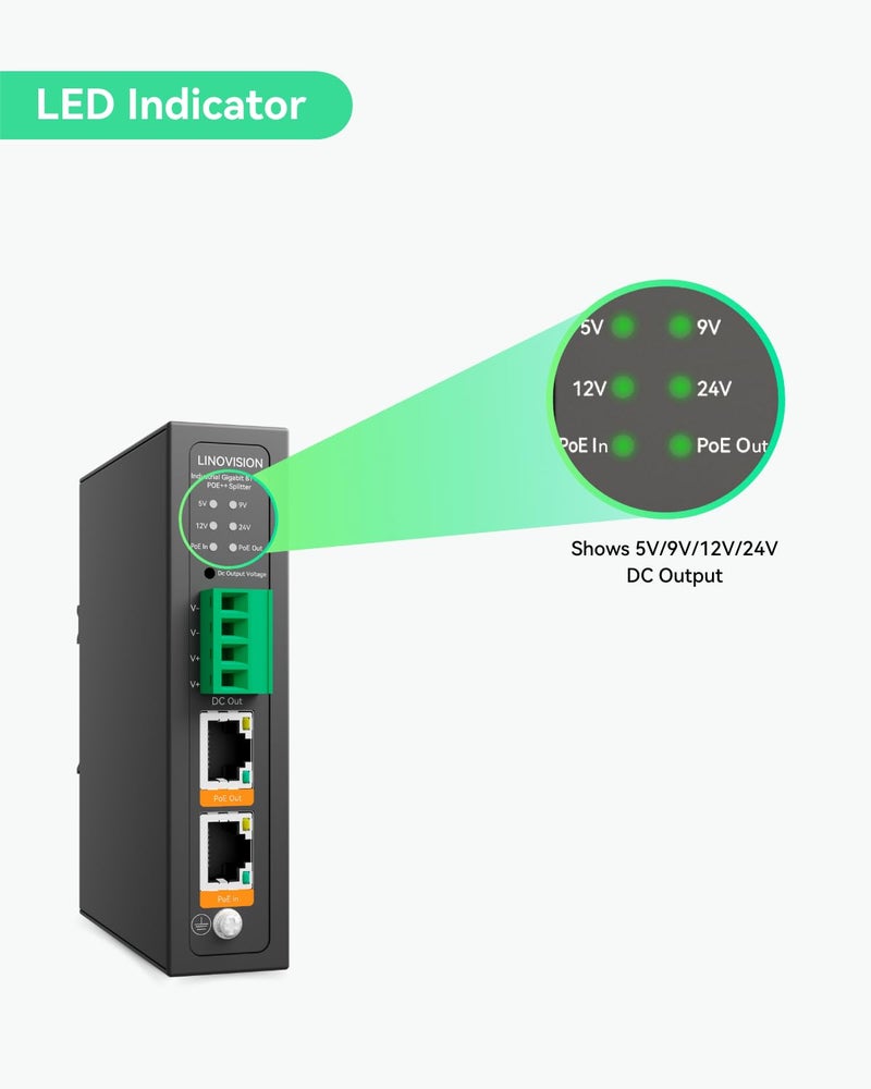 Linovision Industrial Gigabit 90W POE++ Splitter with IEEE802.3bt PoE and DC 5/9/12/24V Output, Din Rail Mounting, Power Supply for PTZ Cameras, Access Control Systems - Image 3