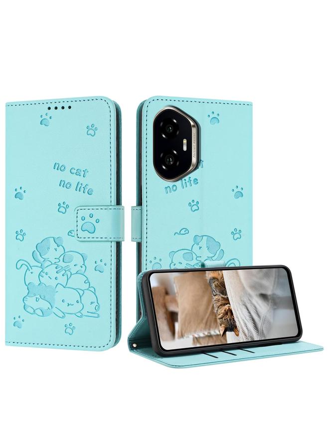 اس-توب جراب جلدي لهاتف Honor 300 بتصميم قطة منقوش مع حبل تعليق - Image 1