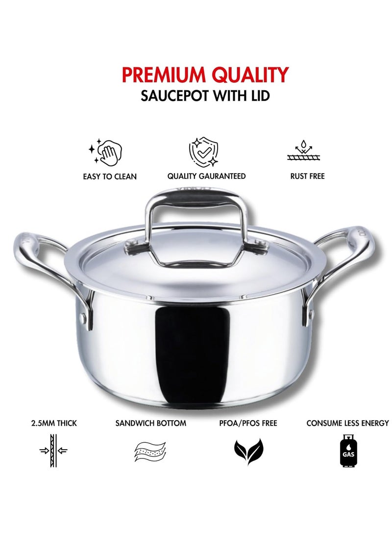 Vinod Platinum Triply Stainless Steel Saucepot with Lid- 26 cm, 6.8 Litre, Silver Induction Friendly, Non Stick - Image 4
