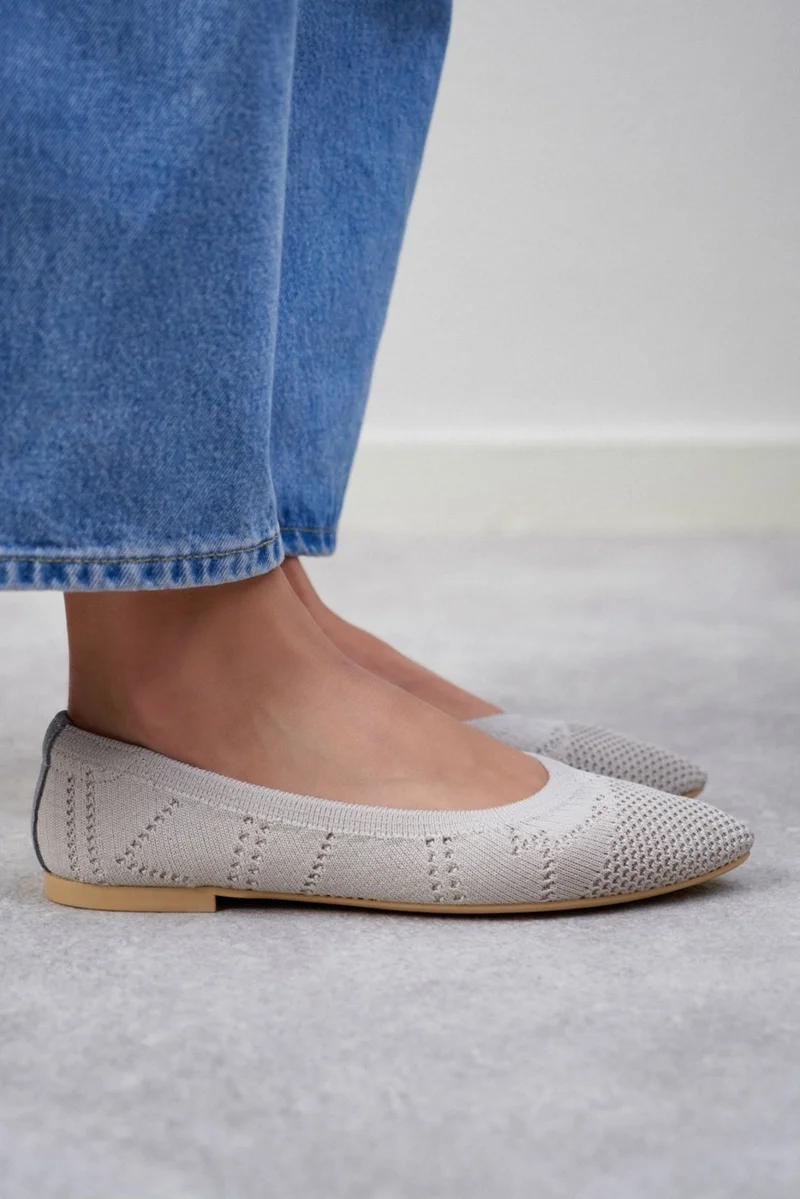 Nişantaşı Shoes Betty Beige Knitwear Patterned Flat Sole Women's Flat Shoes