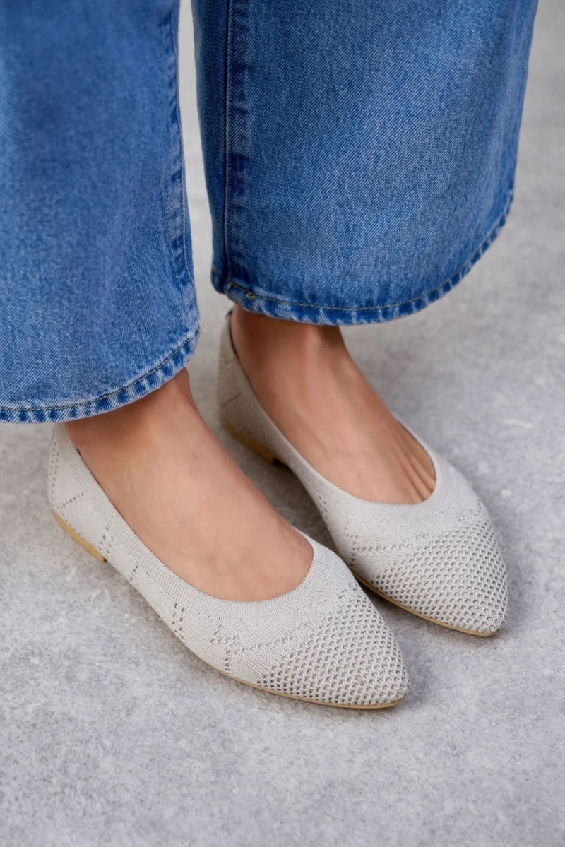 Nişantaşı Shoes Betty Beige Knitwear Patterned Flat Sole Women's Flat Shoes