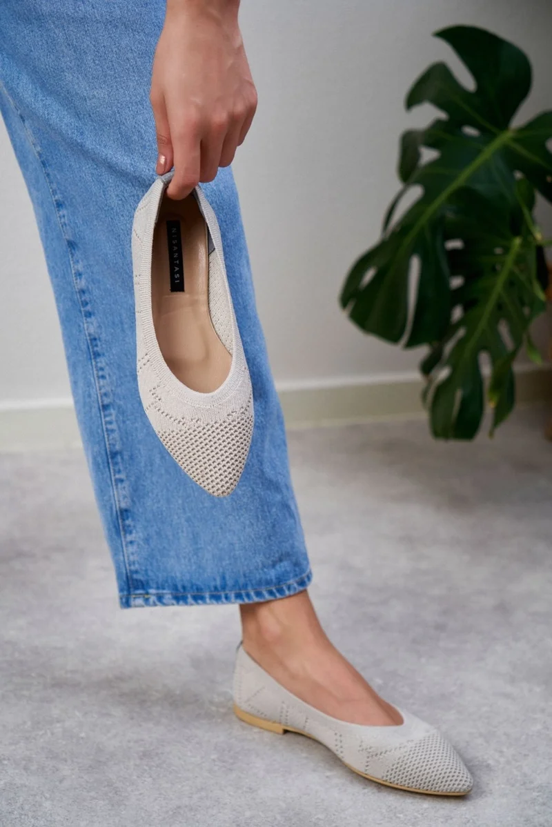 Nişantaşı Shoes Betty Beige Knitwear Patterned Flat Sole Women's Flat Shoes