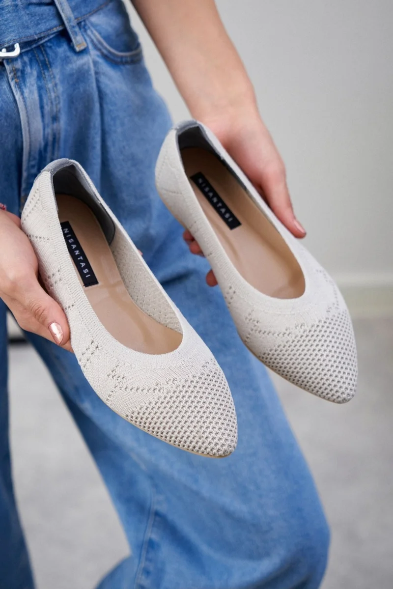 Nişantaşı Shoes Betty Beige Knitwear Patterned Flat Sole Women's Flat Shoes
