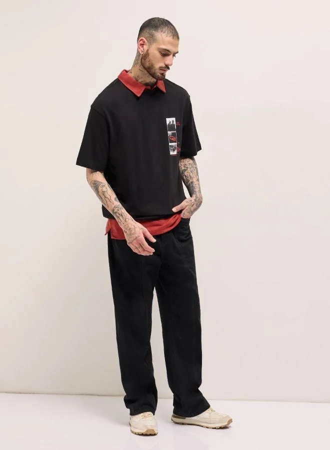 The Bear House  Men's Black Oversize Panel-style graphic Prints Crew Neck T-shirt Perfect For Casual Wear, Gym, Travel, Or Layering Stylish And Versatile Essential For Every Wardrobe for Men | Best Price UAE