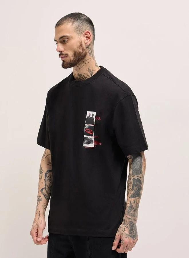 The Bear House  Men's Black Oversize Panel-style graphic Prints Crew Neck T-shirt Perfect For Casual Wear, Gym, Travel, Or Layering Stylish And Versatile Essential For Every Wardrobe for Men | Best Price UAE
