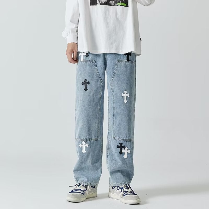 Cross Patched Loose Jeans for Men Blue  - Image 1