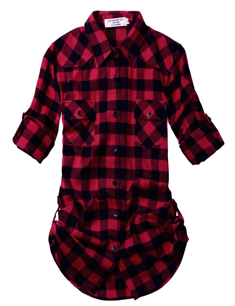 Match Womens Button Down Flannel Plaid Shirts roll up Long Sleeve Shackets Business Blouse Top (Small, 2021 Checks#1) - Image 1