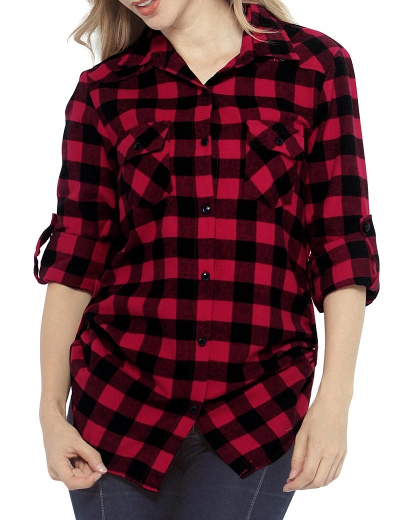 Match Womens Button Down Flannel Plaid Shirts roll up Long Sleeve Shackets Business Blouse Top (Small, 2021 Checks#1) - Image 3