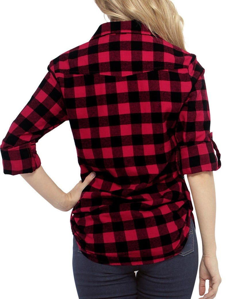 Match Womens Button Down Flannel Plaid Shirts roll up Long Sleeve Shackets Business Blouse Top (Small, 2021 Checks#1) - Image 4