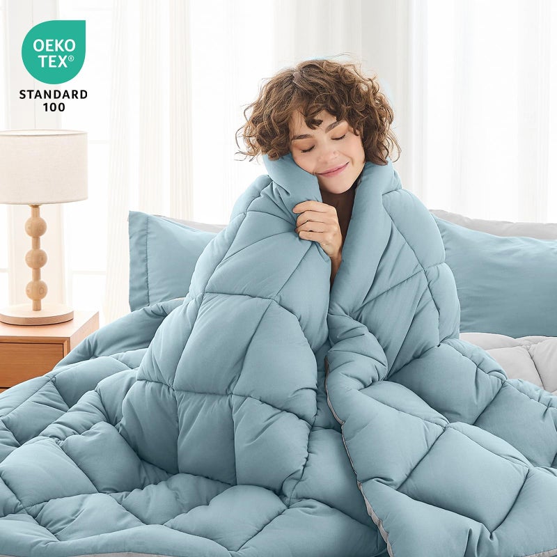 MUXHOMO 7 Pieces Queen Comforter Set, Reversible Bed in a Bag Queen Size, All Season Bedding Set with Comforter, Flat Sheet, Fitted Sheet, Pillowcases & Shams, Greyish Blue & Light Grey - Image 2