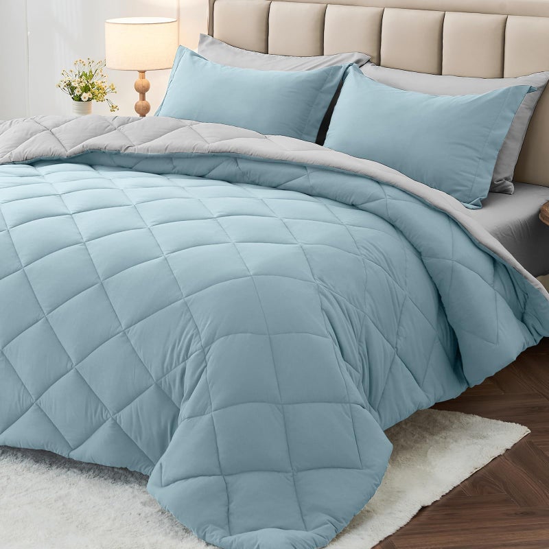 MUXHOMO 7 Pieces Queen Comforter Set, Reversible Bed in a Bag Queen Size, All Season Bedding Set with Comforter, Flat Sheet, Fitted Sheet, Pillowcases & Shams, Greyish Blue & Light Grey - Image 1