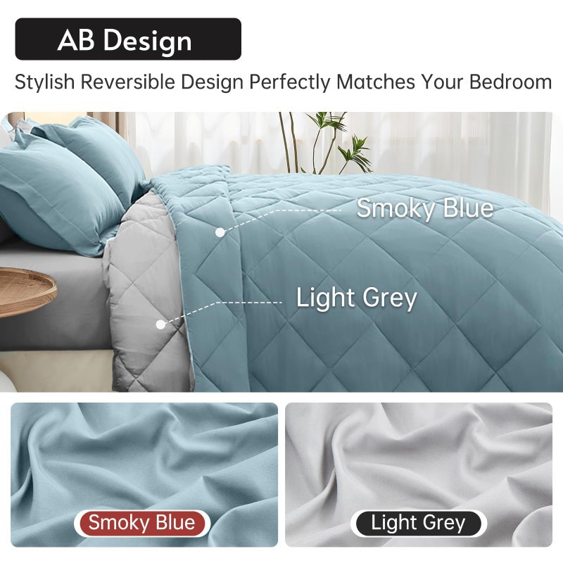 MUXHOMO 7 Pieces Queen Comforter Set, Reversible Bed in a Bag Queen Size, All Season Bedding Set with Comforter, Flat Sheet, Fitted Sheet, Pillowcases & Shams, Greyish Blue & Light Grey - Image 3