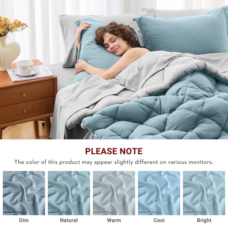 MUXHOMO 7 Pieces Queen Comforter Set, Reversible Bed in a Bag Queen Size, All Season Bedding Set with Comforter, Flat Sheet, Fitted Sheet, Pillowcases & Shams, Greyish Blue & Light Grey - Image 4