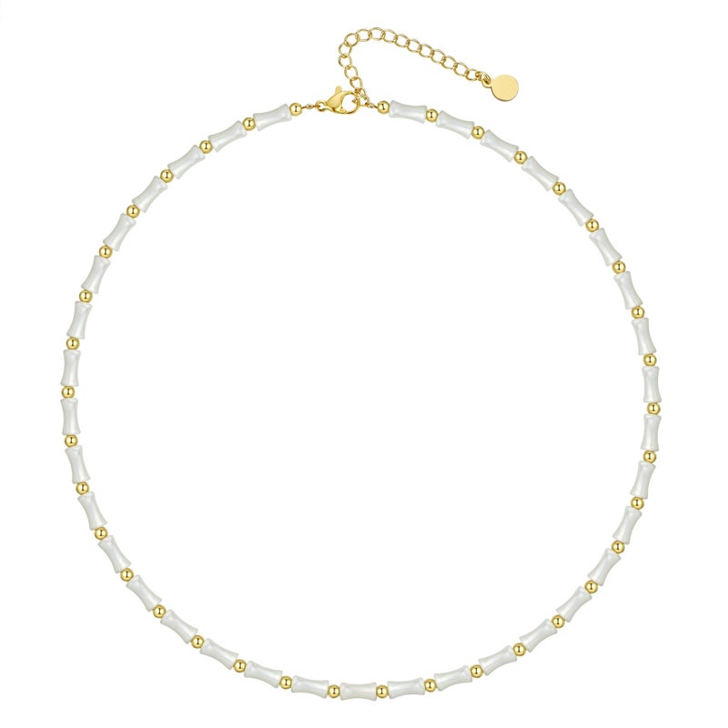 NUZON Natural Mother of Pearl Beaded Necklace for Women White Bamboo Gemstone Beach Choker Shell Pearl 18K Gold Beads Strand Necklace Layering Summer Boho Jewelry 16 - Image 2