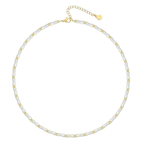 NUZON Natural Mother of Pearl Beaded Necklace for Women White Bamboo Gemstone Beach Choker Shell Pearl 18K Gold Beads Strand Necklace Layering Summer Boho Jewelry 16 - Image 1