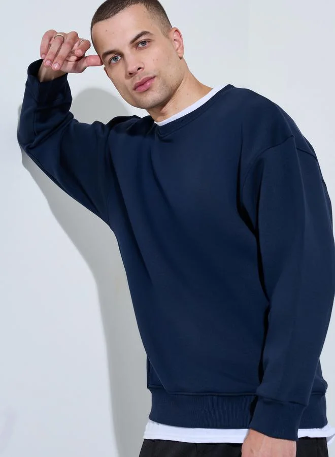 Styli Navy Blue Slogan Print Fleece Sweatshirt