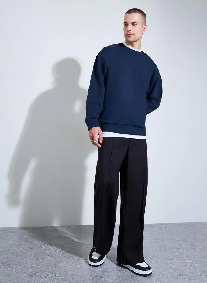 Styli Navy Blue Slogan Print Fleece Sweatshirt