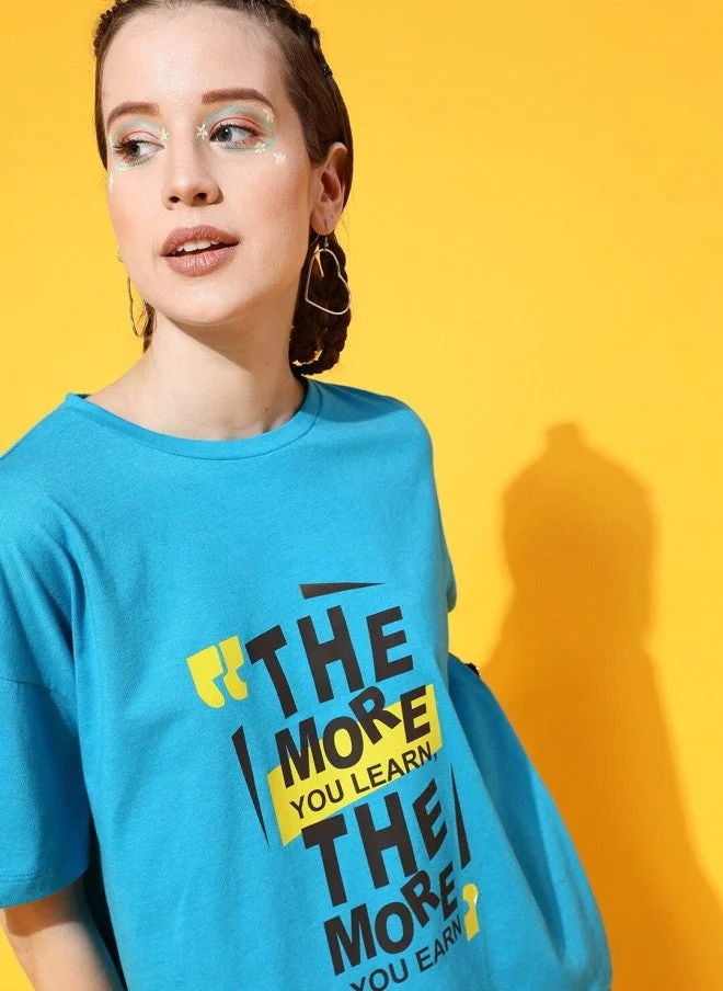 STREET 9 Turquoise Blue Typography Printed T-Shirt for Women