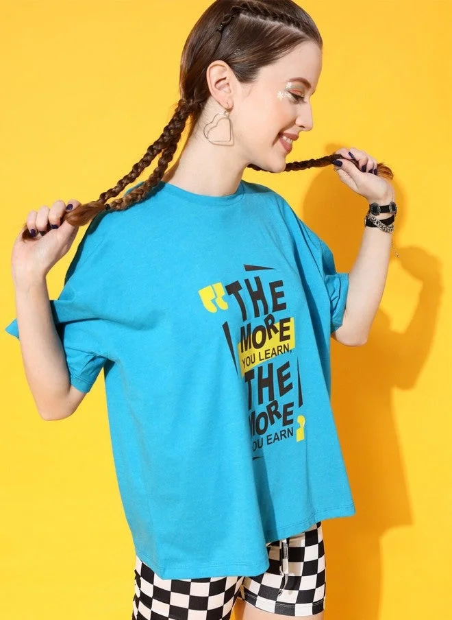 Turquoise Blue Typography Printed T-Shirt for Women