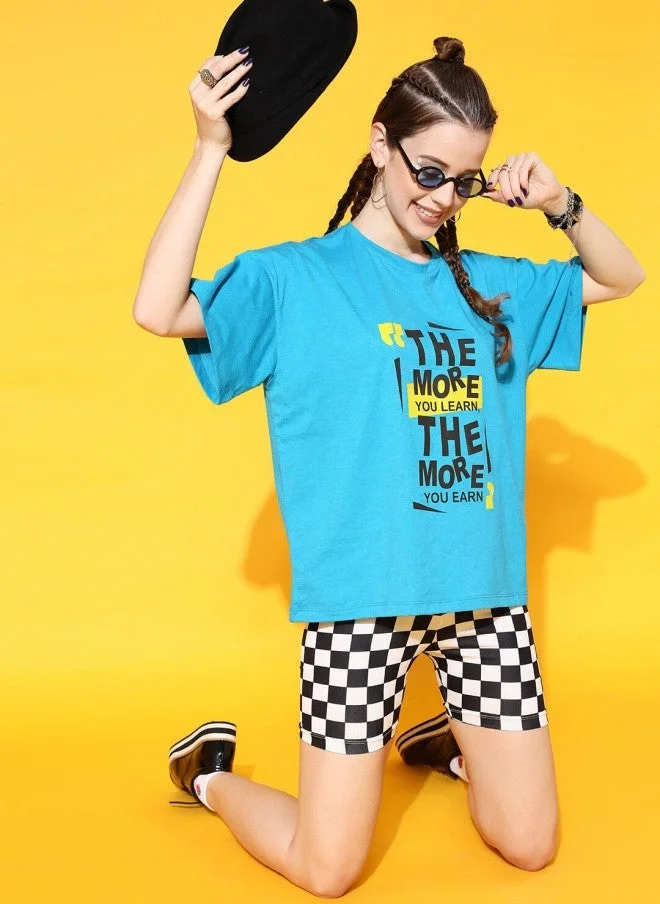 STREET 9  Turquoise Blue Typography Printed T-Shirt for Women for Women | Best Price UAE