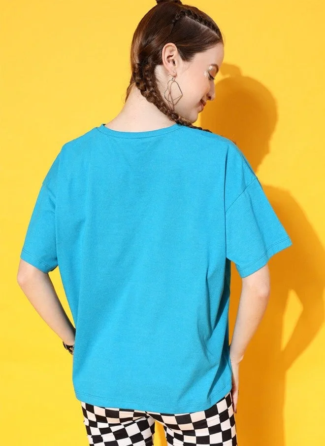 STREET 9  Turquoise Blue Typography Printed T-Shirt for Women for Women | Best Price UAE