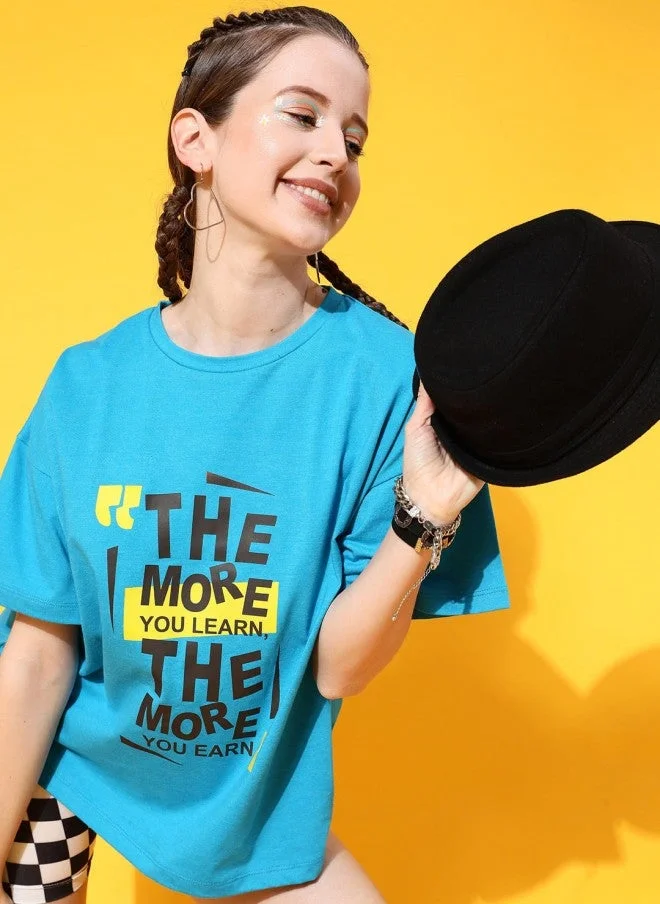 STREET 9 Turquoise Blue Typography Printed T-Shirt for Women