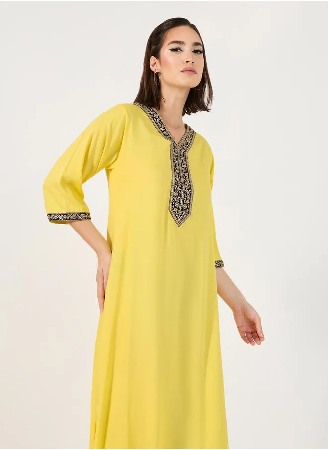 Styli Embroidered Detail V-Neck Jalabiya with 3/4 Sleeve