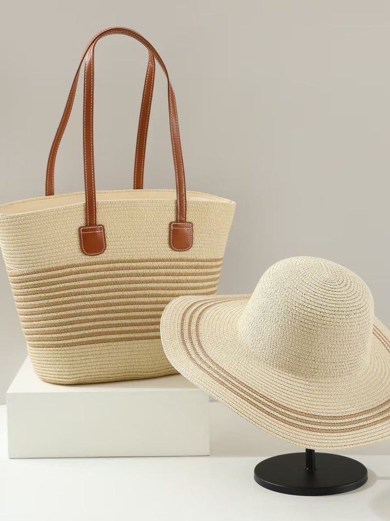 Explosions Large Capacity Straw Bag Straw Hat Two-Piece Set Outdoor Travel Big Brim Face Small Sun Hat Tote Bag Tide - Image 2