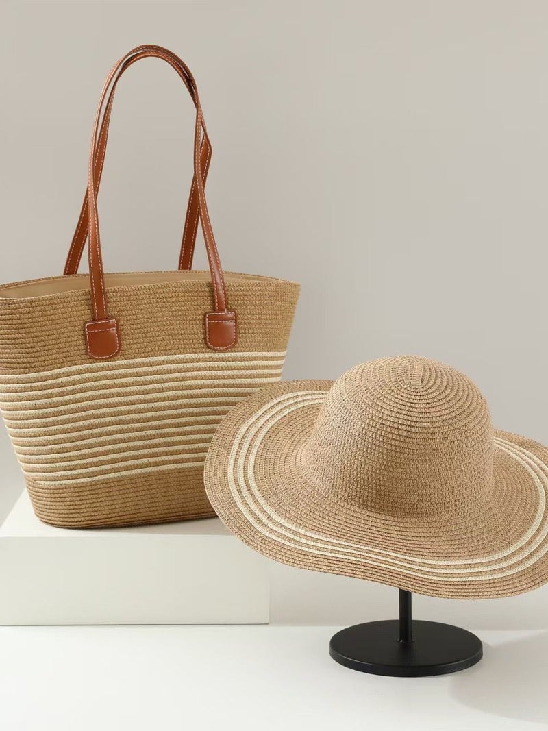 Explosions Large Capacity Straw Bag Straw Hat Two-Piece Set Outdoor Travel Big Brim Face Small Sun Hat Tote Bag Tide - Image 4