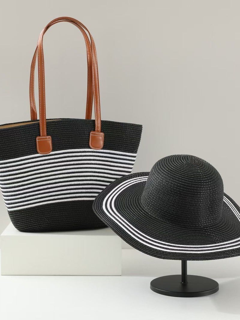 Explosions Large Capacity Straw Bag Straw Hat Two-Piece Set Outdoor Travel Big Brim Face Small Sun Hat Tote Bag Tide - Image 3